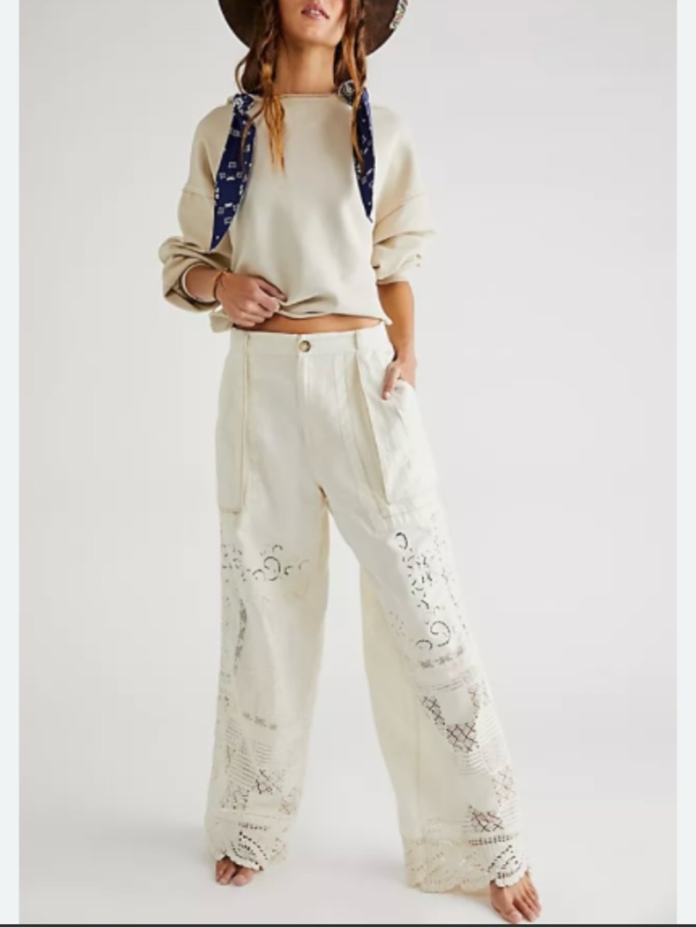 Free People Pieces Of Me Trousers Off White Embroidered Crochet Pants Sz 6 AS IS